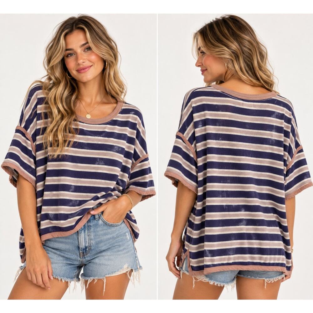 Free People We The Free Oversized Striped Boxy Tee Navy tan Large - Picture 2 of 5